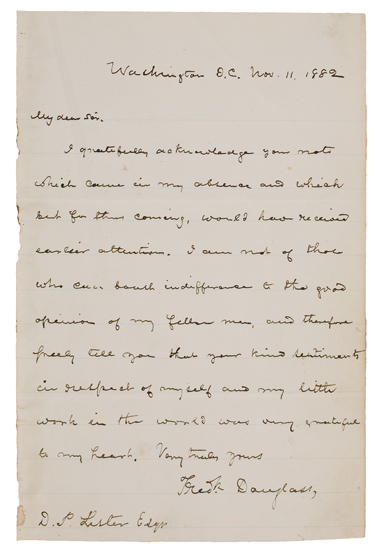 DOUGLASS, FREDERICK. Autograph Letter Signed, tipped into a copy of The Life and Times of Frederick Douglass.